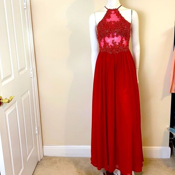 Red Formal Gown halter with Rhinestone Top and sheer panels Blonde Nites Sz 5 - Picture 2 of 7
